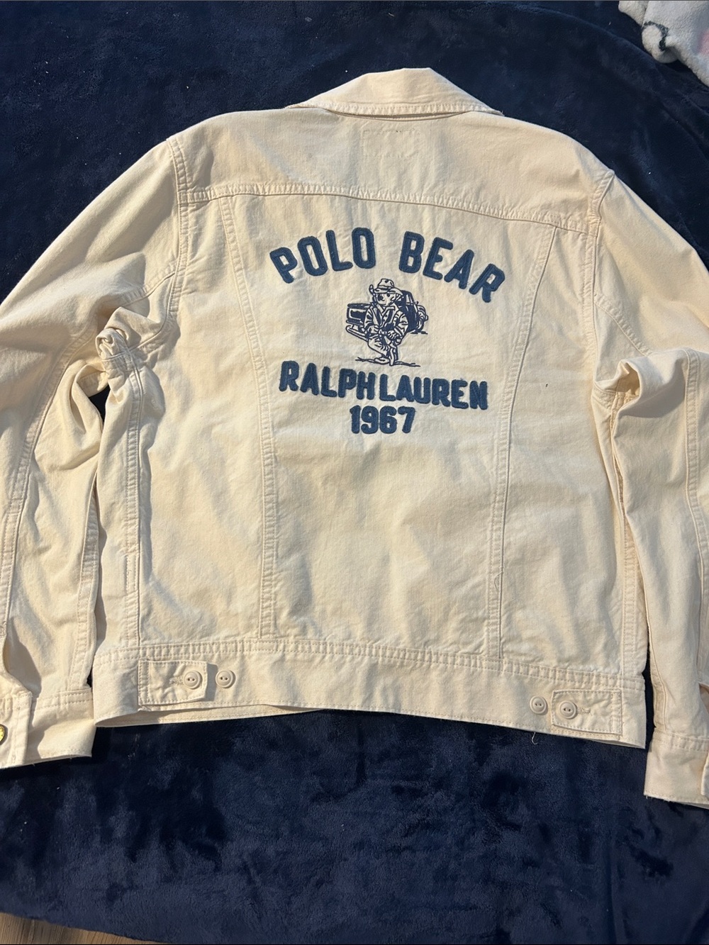 Ralph Lauren Cream Jean Trucker Jacket with Navy Polo Bear Back